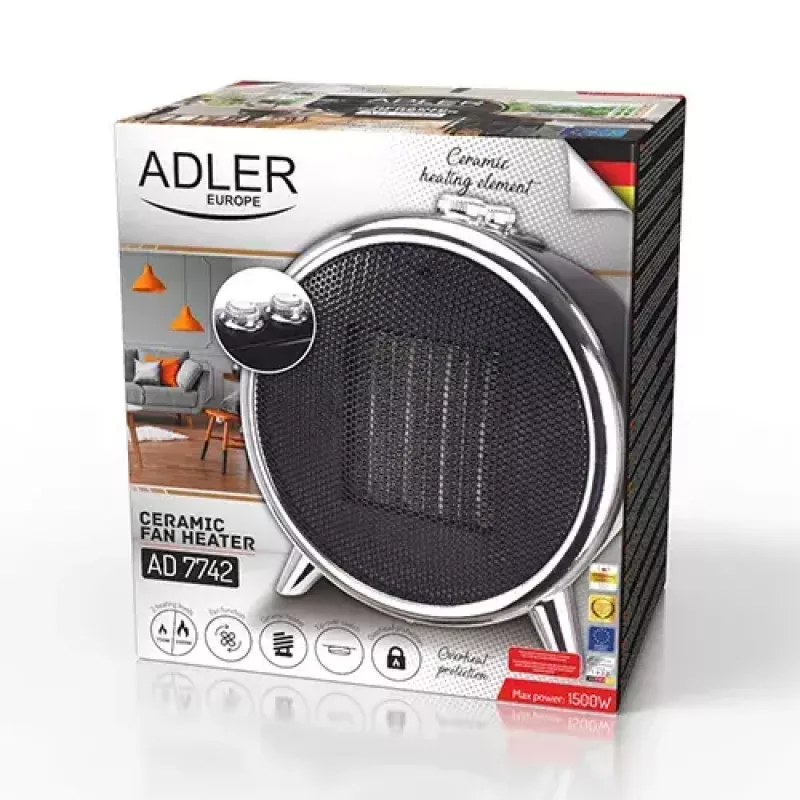 Elektriline keraamiline soojapuhur Adler AD 7742 — 1500/750 W, põrandal seisev, 220–240 V, must/hõbedane