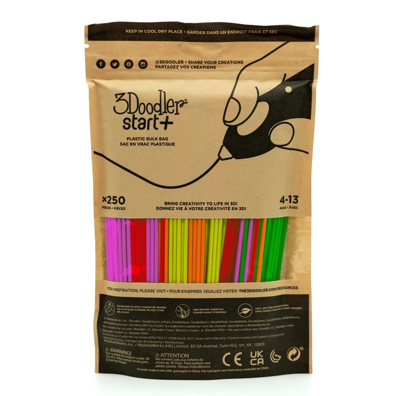 3DOODLER 3D-printimise filamentide komplekt Start+ 250 tk, 2,5 mm läbimõõt, kompostitavad fluorestseerivad värvid (neoonpunane, oranž, roheline, kollane, roosa)