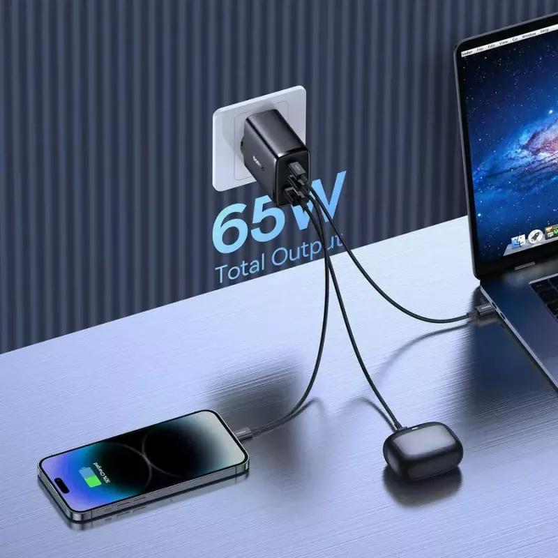 Kiirlaadija Baseus Cube Pro 65W — 3 porti (2×USB-C, 1×USB-A), 110–240V, AC siseruumides, universaalne ühilduvus, must, 0,154 kg