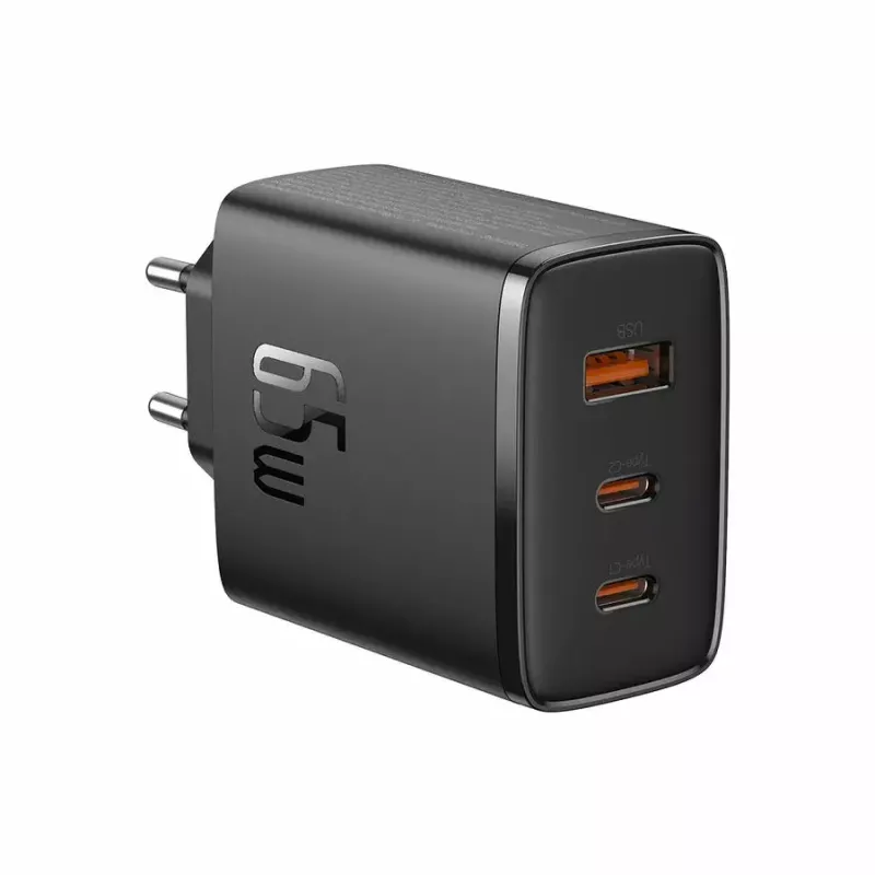 Kiirlaadija Baseus Cube Pro 65W — 3 porti (2×USB-C, 1×USB-A), 110–240V, AC siseruumides, universaalne ühilduvus, must, 0,154 kg