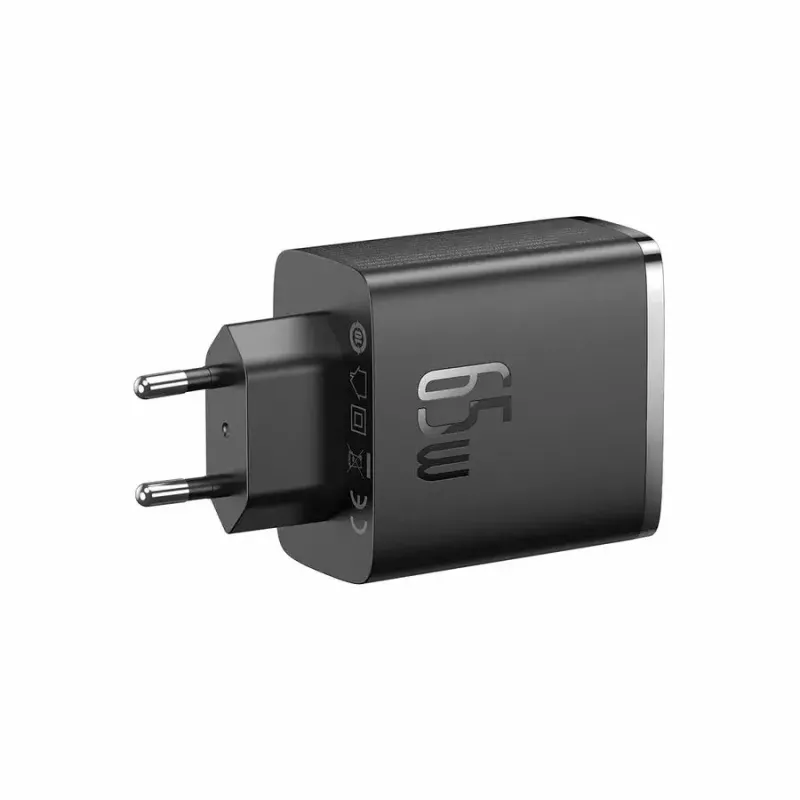 Kiirlaadija Baseus Cube Pro 65W — 3 porti (2×USB-C, 1×USB-A), 110–240V, AC siseruumides, universaalne ühilduvus, must, 0,154 kg
