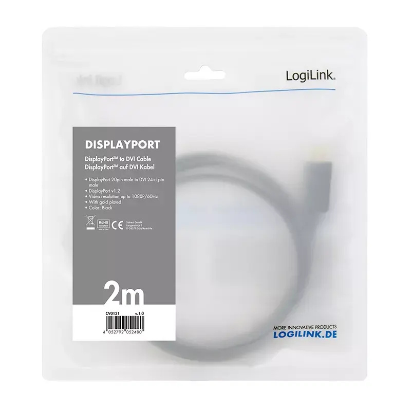 Video kaabliadapter LogiLink CV0130 1m DisplayPort DVI must