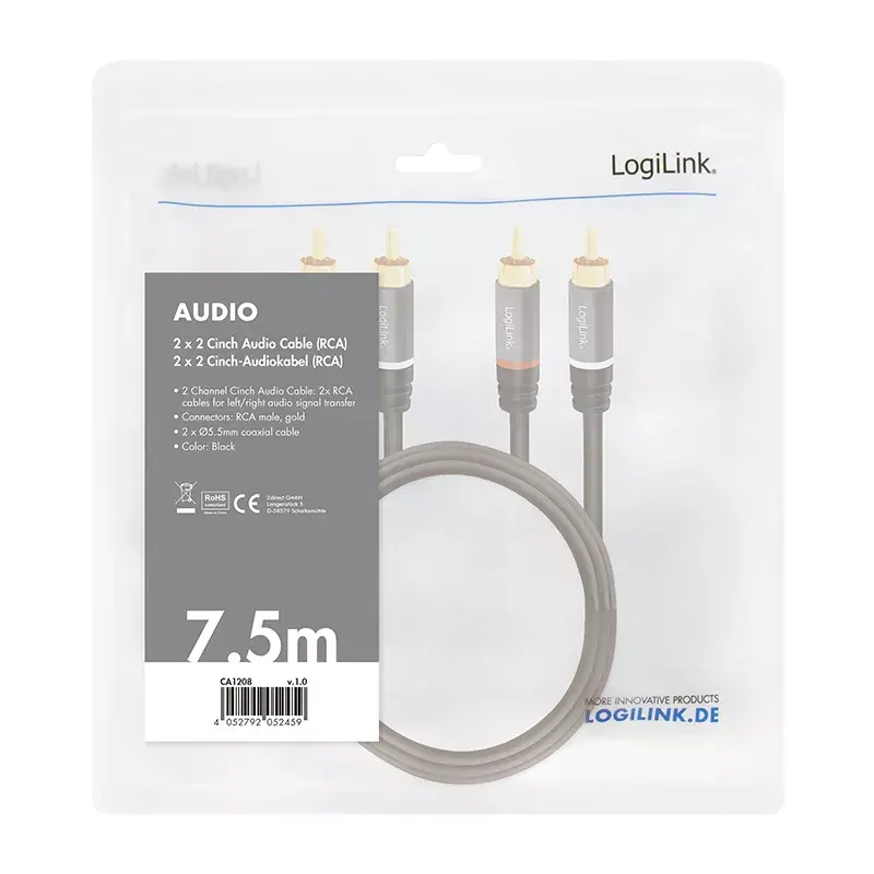 Audio kaabel LogiLink CA1208 7.5m 2 x RCA Must