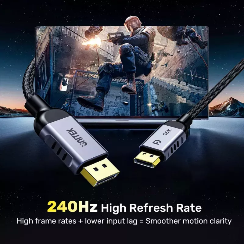 DisplayPort-kaabel Unitek C1626GY01-2M, DisplayPort 2.1 isane–isane, 2 m, 80 Gbit/s, 16K@60Hz, 4K@240Hz, HDR, HDCP 2.2