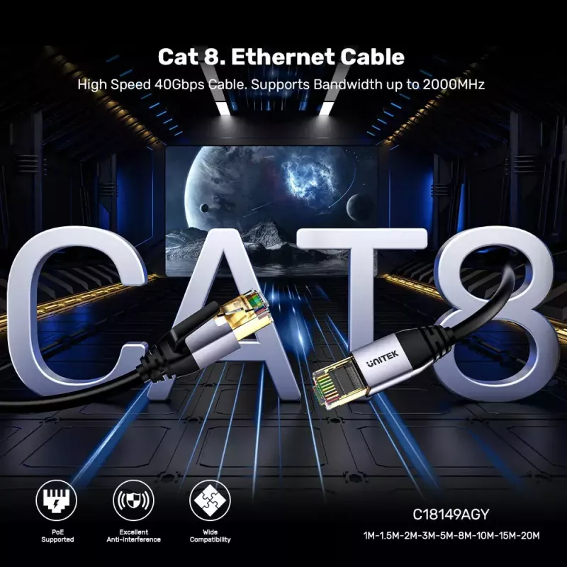 Võrgukaabel UNITEK C18149AGY03-2M RJ-45 Cat8 2m Must