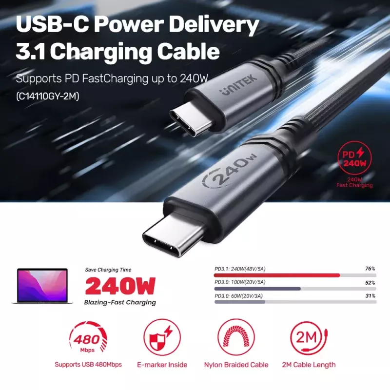 USB-C–USB-C kaabel Unitek C14110GY-2M USB 3.2 Gen 1, 2 m, 5 A, 240 W, must