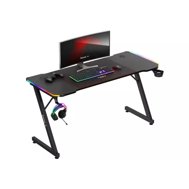 Mängulaud huzaro Hero 3.3 RGB — must sirge lauaplaat 1400x600 mm, LED-valgustus, topsihoidja, kõrvaklapi konk