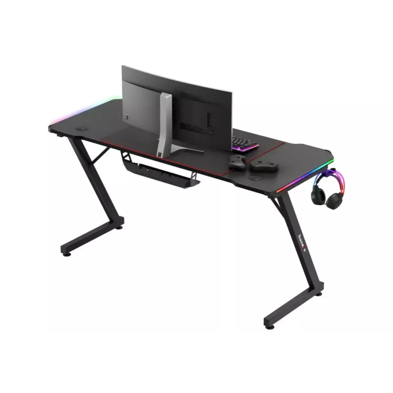 Mängulaud huzaro Hero 3.3 RGB — must sirge lauaplaat 1400x600 mm, LED-valgustus, topsihoidja, kõrvaklapi konk