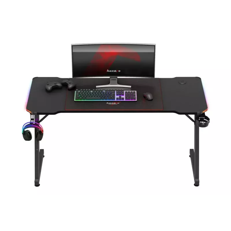 Mängulaud huzaro Hero 3.3 RGB — must sirge lauaplaat 1400x600 mm, LED-valgustus, topsihoidja, kõrvaklapi konk