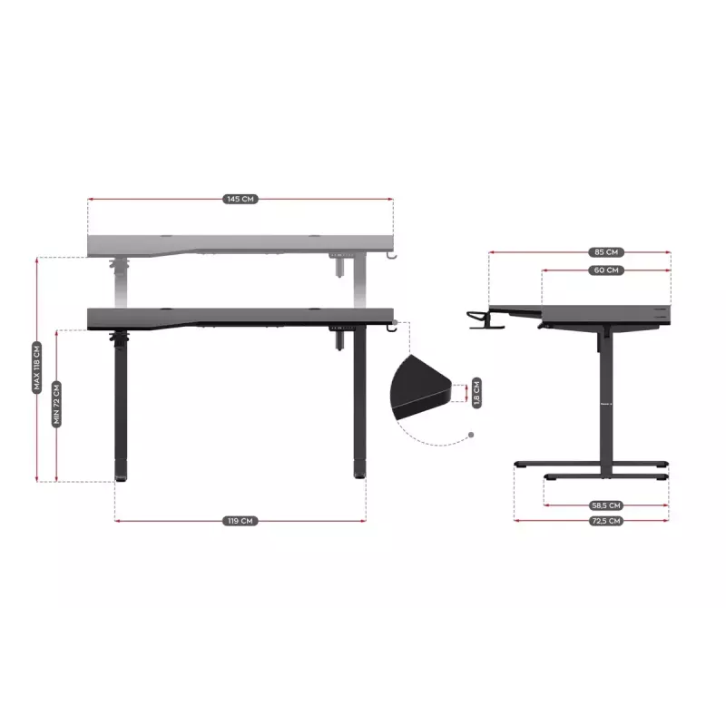 Mängulaud huzaro Hero 9.1 Must — L-kujuline MDF-plaat, USB-C laadimine, LED-juhtimine, reguleeritav kõrgus 72–118 cm
