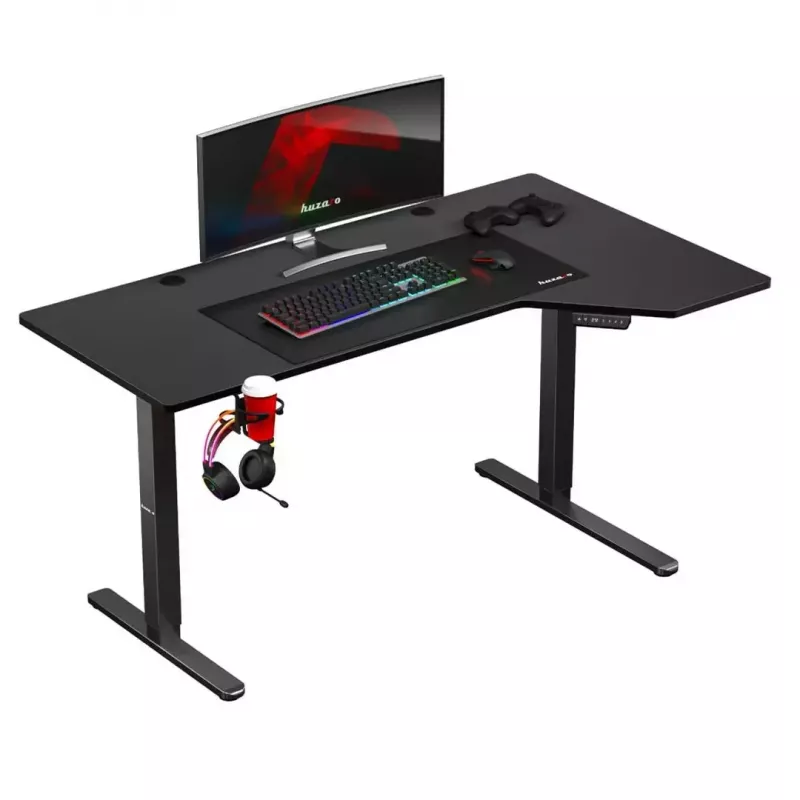Mängulaud huzaro Hero 9.1 Must — L-kujuline MDF-plaat, USB-C laadimine, LED-juhtimine, reguleeritav kõrgus 72–118 cm
