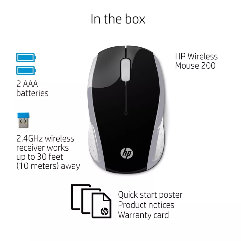 HP Wireless hiir 200 (Pike Silver), mõlemakäeline, optiline, RF-juhtmeta, 1000 DPI, hõbedane