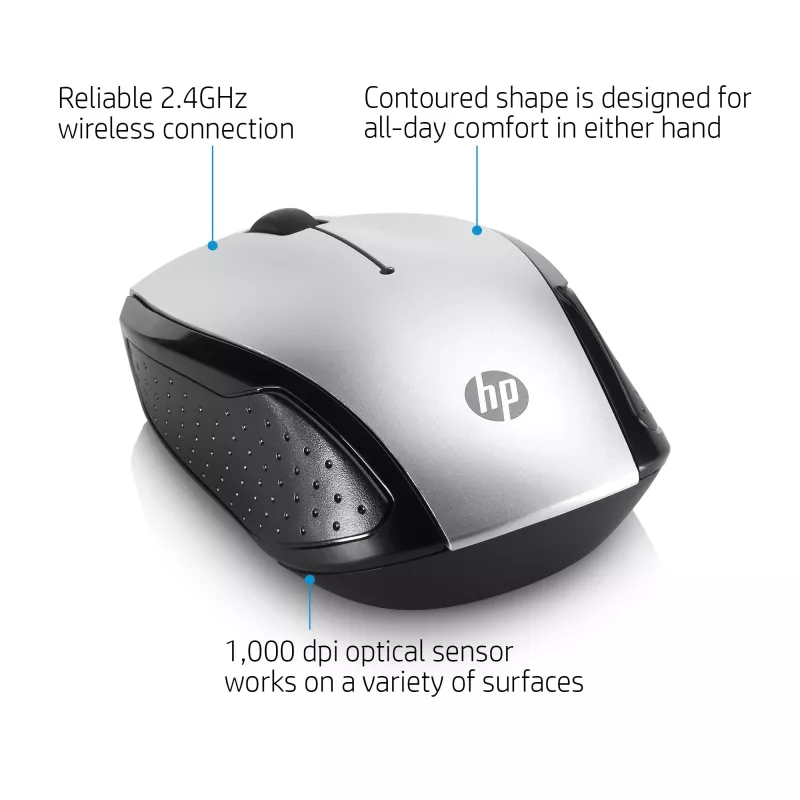 HP Wireless hiir 200 (Pike Silver), mõlemakäeline, optiline, RF-juhtmeta, 1000 DPI, hõbedane