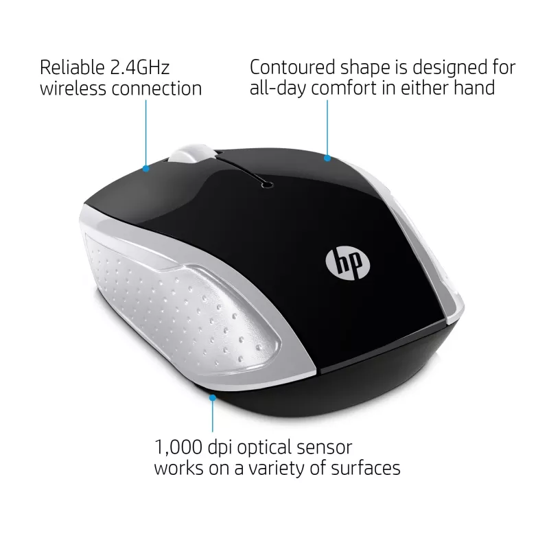 HP Wireless hiir 200 (Pike Silver), mõlemakäeline, optiline, RF-juhtmeta, 1000 DPI, hõbedane