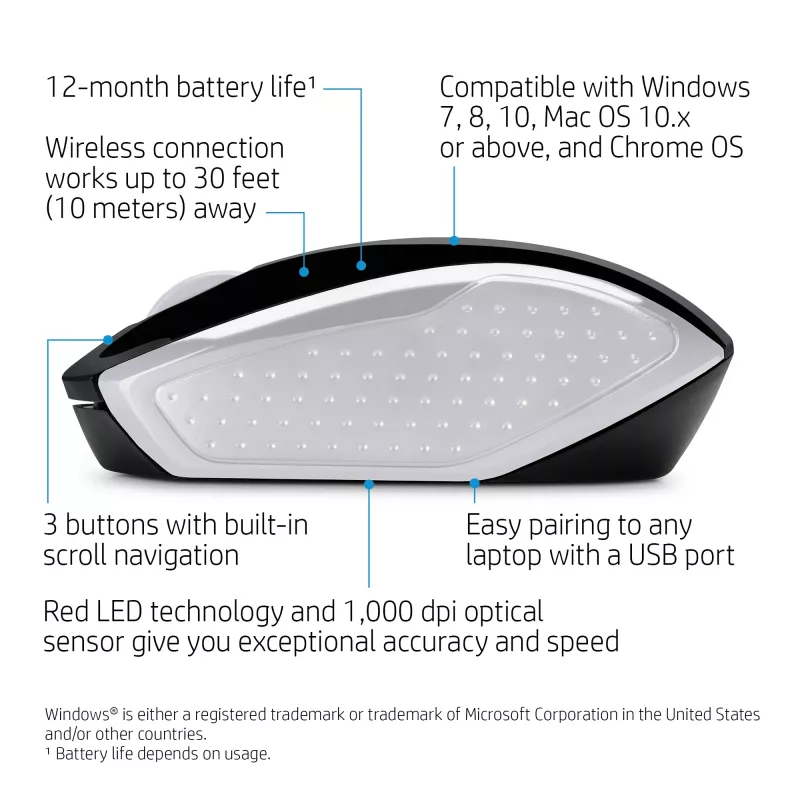 HP Wireless hiir 200 (Pike Silver), mõlemakäeline, optiline, RF-juhtmeta, 1000 DPI, hõbedane