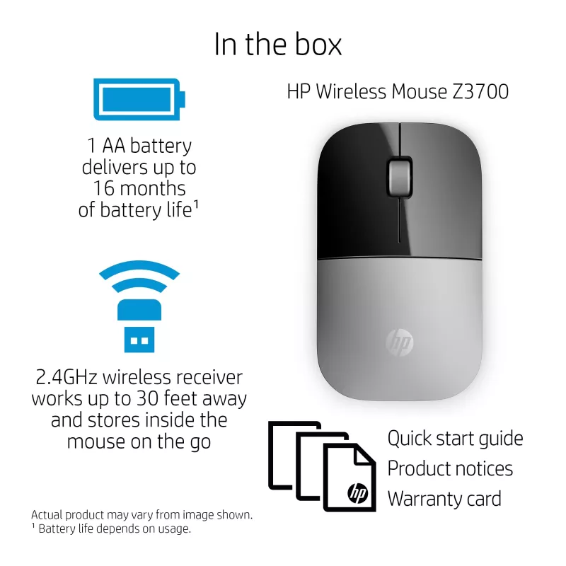 HP Z3700 hõbedane juhtmevaba hiir, mõlemakäeline, optiline, RF-juhtmevaba, 1200 DPI, hõbedane