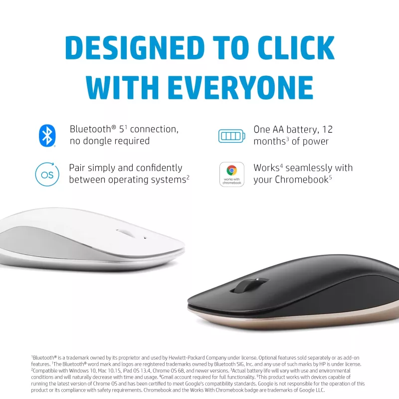 HP 410 õhuke Silver Bluetooth-hiir, Mõlemakäeline, Bluetooth, 2000 DPI, hõbedane