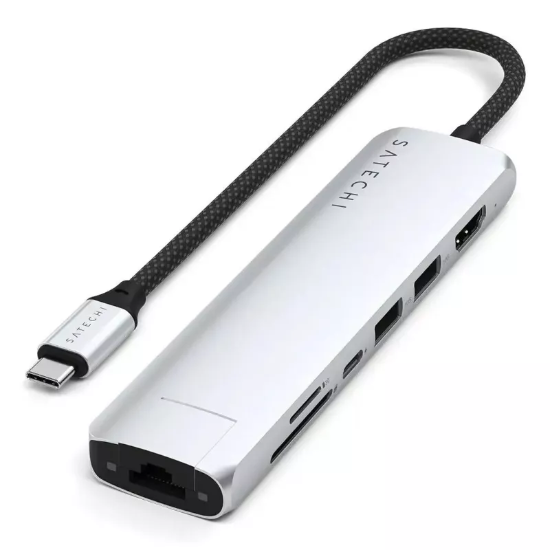 USB USB-C jaotur Satechi ST-P7SS HDMI, USB 3.2 Gen 2, Gigabit Ethernetiga — 10000 Mbit/s, 4K@60Hz, hõbedane