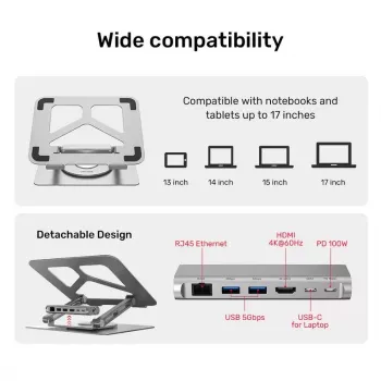 Sülearvutialus Unitek D1109A — alumiiniumist reguleeritav alus koos USB-C-jaoturiga, HDMI, Gigabit Ethernet (sobib 14–17-tollisele)
