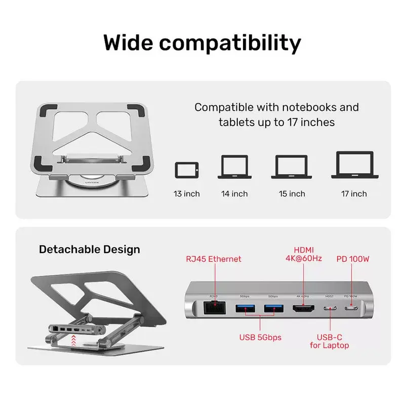 Sülearvutialus Unitek D1109A — alumiiniumist reguleeritav alus koos USB-C-jaoturiga, HDMI, Gigabit Ethernet (sobib 14–17-tollisele)