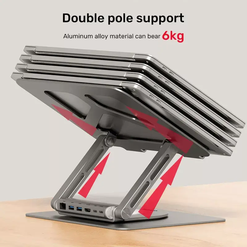 Sülearvutialus Unitek D1109A — alumiiniumist reguleeritav alus koos USB-C-jaoturiga, HDMI, Gigabit Ethernet (sobib 14–17-tollisele)