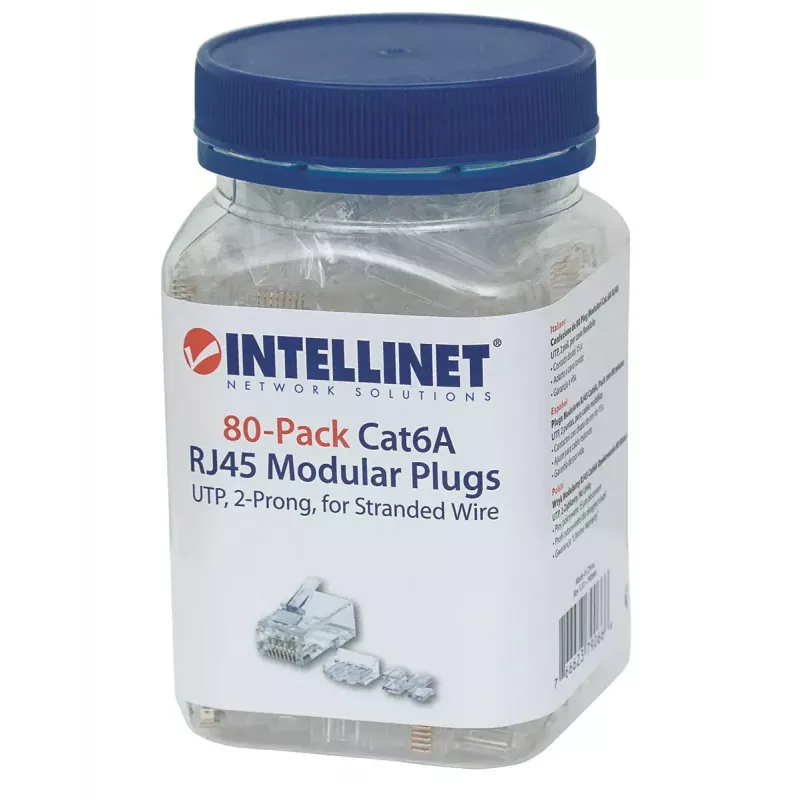 Intellinet RJ45 modulaarpistikud, Cat6A, UTP, 2-hambaline, keerdsoonega juhtmele, 15 µ kullatud kontaktid, 80 tk