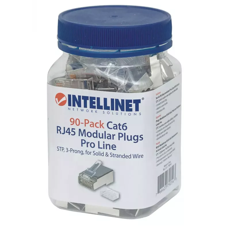 Intellinet RJ45 modulaarpistikud Pro Line, Cat6, STP, 3-hambaline, tahke- ja keerukaablile, 50 µ kullatud kontaktid, 90 tk pakend