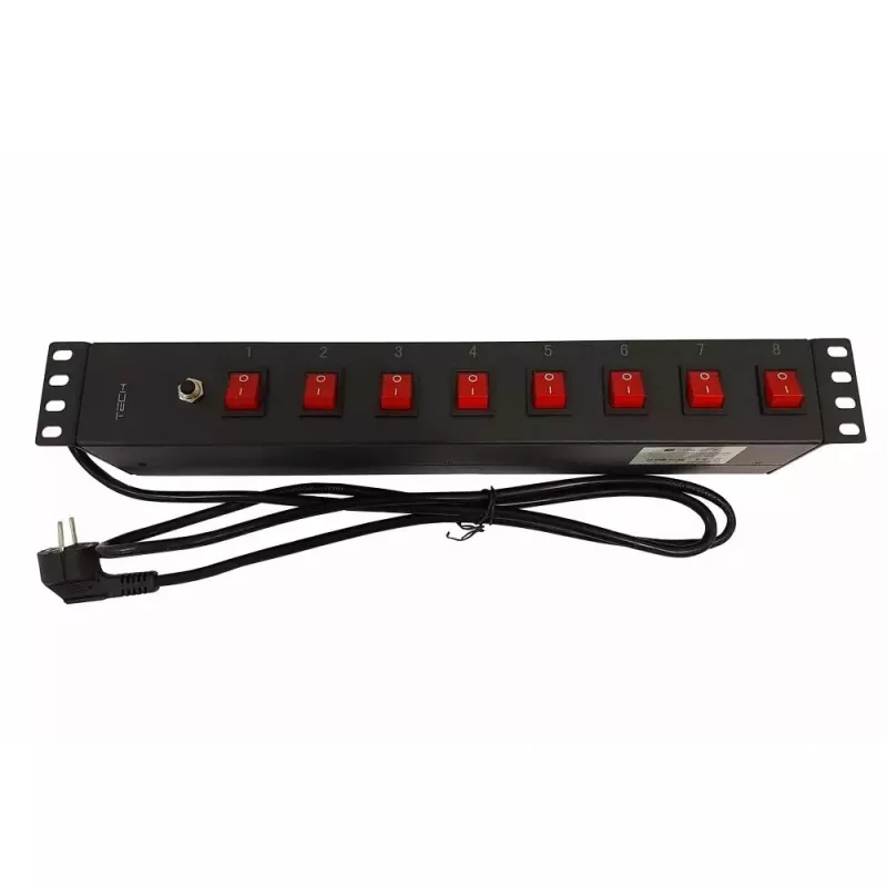 Techly 8 pesaga 19-tolline rack-toitepistik 8 SISSE/VÄLJA lülitiga, 1,5U