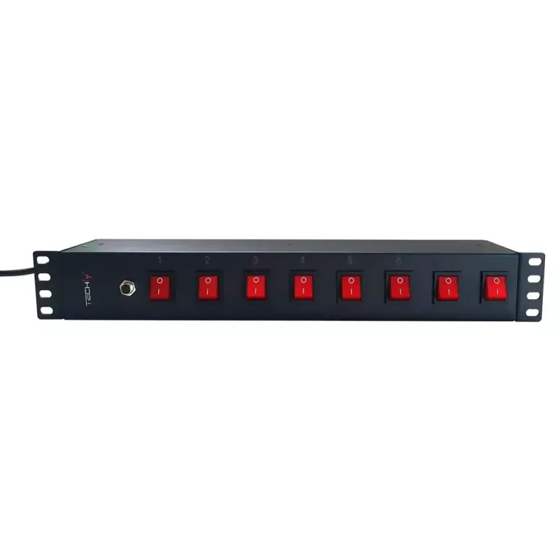 Techly 8 pesaga 19-tolline rack-toitepistik 8 SISSE/VÄLJA lülitiga, 1,5U