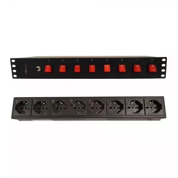 Techly 8 pesaga 19-tolline rack-toitepistik 8 SISSE/VÄLJA lülitiga, 1,5U