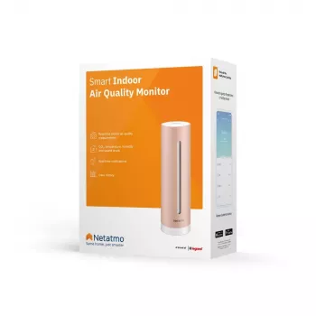 Siseõhukvaliteedi monitor Netatmo Smart Indoor Air Quality Monitor — CO2 0–5000 ppm, temp 0–50 °C, müra, Wi-Fi/Bluetooth, vahelduvvoolutoide, alumiinium, roosakuldne