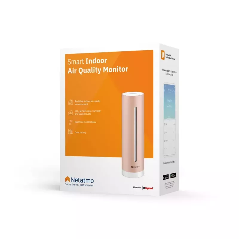 Siseõhukvaliteedi monitor Netatmo Smart Indoor Air Quality Monitor — CO2 0–5000 ppm, temp 0–50 °C, müra, Wi-Fi/Bluetooth, vahelduvvoolutoide, alumiinium, roosakuldne