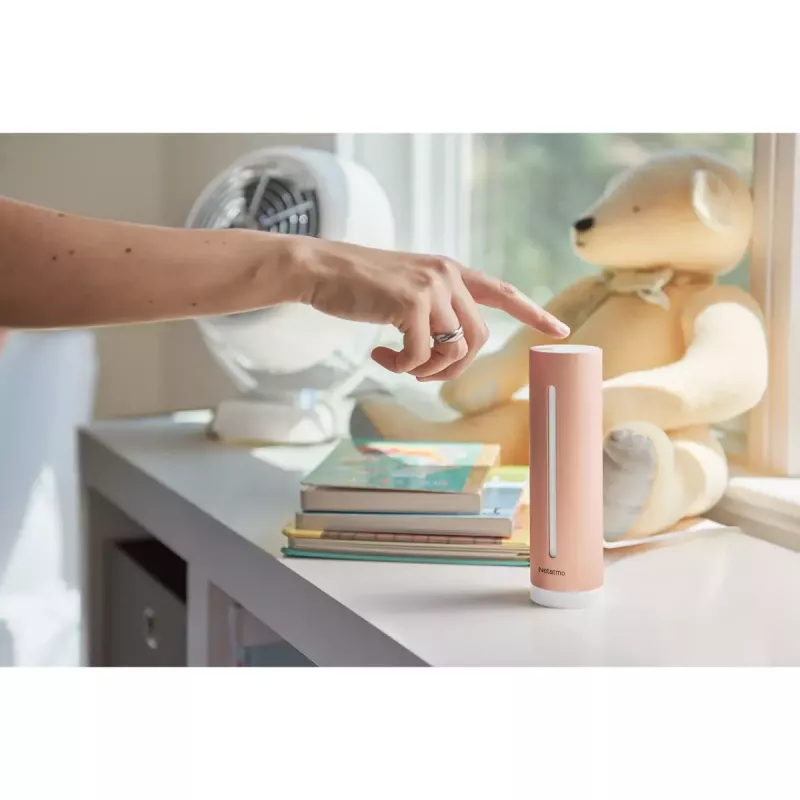 Siseõhukvaliteedi monitor Netatmo Smart Indoor Air Quality Monitor — CO2 0–5000 ppm, temp 0–50 °C, müra, Wi-Fi/Bluetooth, vahelduvvoolutoide, alumiinium, roosakuldne