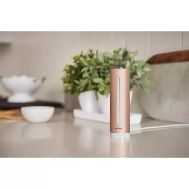 Siseõhukvaliteedi monitor Netatmo Smart Indoor Air Quality Monitor — CO2 0–5000 ppm, temp 0–50 °C, müra, Wi-Fi/Bluetooth, vahelduvvoolutoide, alumiinium, roosakuldne