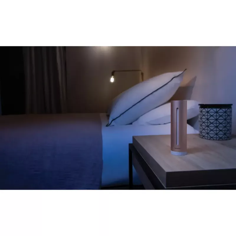 Siseõhukvaliteedi monitor Netatmo Smart Indoor Air Quality Monitor — CO2 0–5000 ppm, temp 0–50 °C, müra, Wi-Fi/Bluetooth, vahelduvvoolutoide, alumiinium, roosakuldne