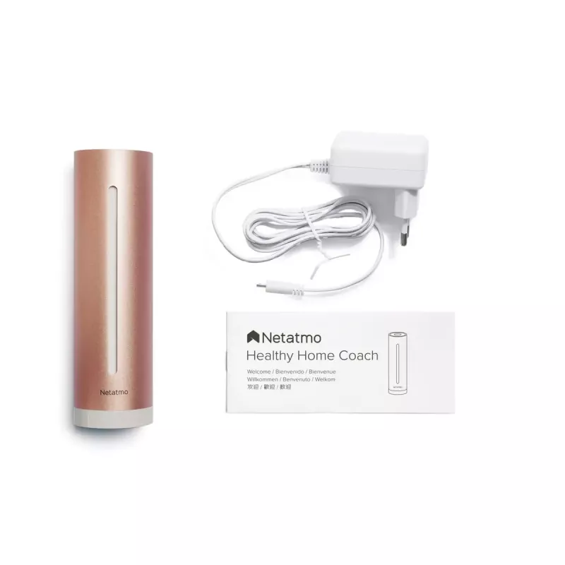 Siseõhukvaliteedi monitor Netatmo Smart Indoor Air Quality Monitor — CO2 0–5000 ppm, temp 0–50 °C, müra, Wi-Fi/Bluetooth, vahelduvvoolutoide, alumiinium, roosakuldne