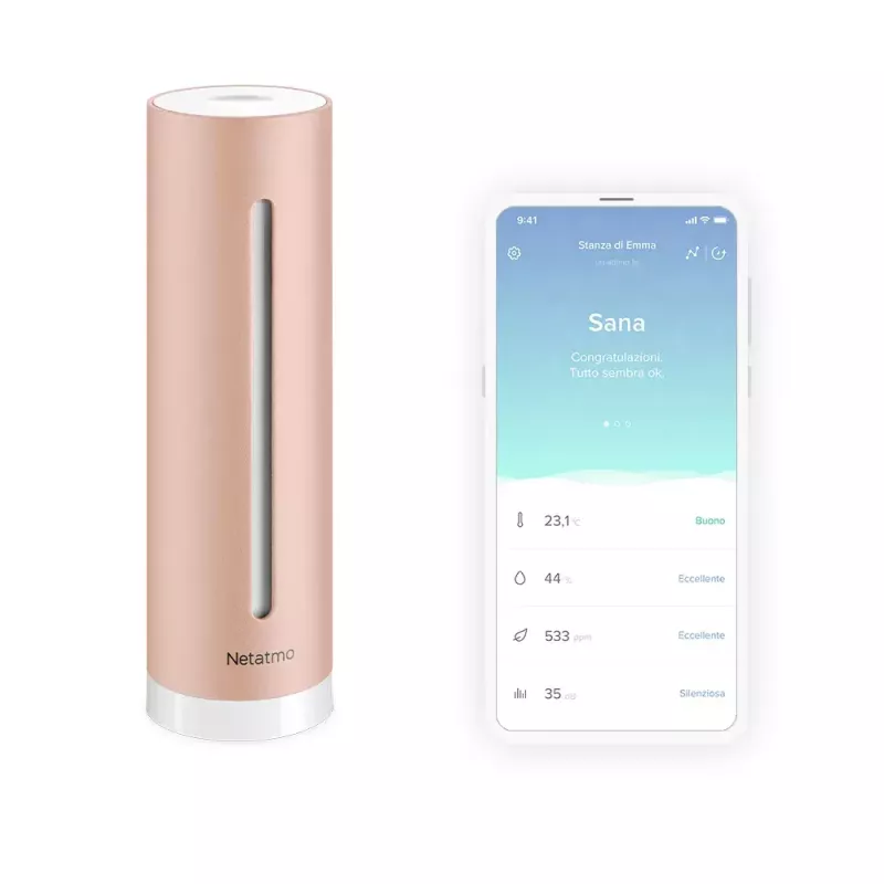 Siseõhukvaliteedi monitor Netatmo Smart Indoor Air Quality Monitor — CO2 0–5000 ppm, temp 0–50 °C, müra, Wi-Fi/Bluetooth, vahelduvvoolutoide, alumiinium, roosakuldne