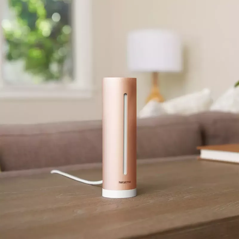 Siseõhukvaliteedi monitor Netatmo Smart Indoor Air Quality Monitor — CO2 0–5000 ppm, temp 0–50 °C, müra, Wi-Fi/Bluetooth, vahelduvvoolutoide, alumiinium, roosakuldne