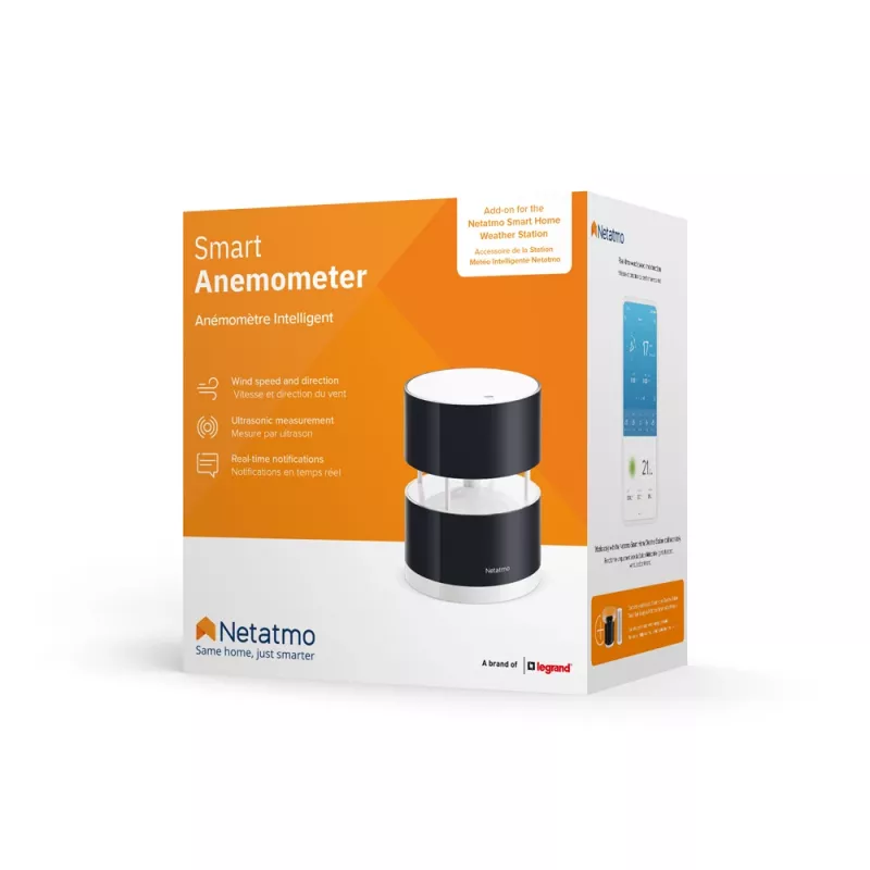 Netatmo Smart Anemomeeter, Tuulekiirus, Juhtmevaba, Wi-Fi, 0 - 45 m/s, 100 m, Must, Läbipaistev