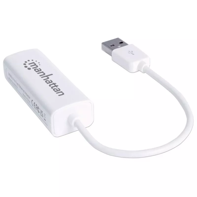 Manhattan USB-A kiire Etherneti adapter, 10/100 Mbps võrk, 480 Mbps (USB 2.0), Hi-Speed USB, RJ45, valge, kolmeaastane garantii