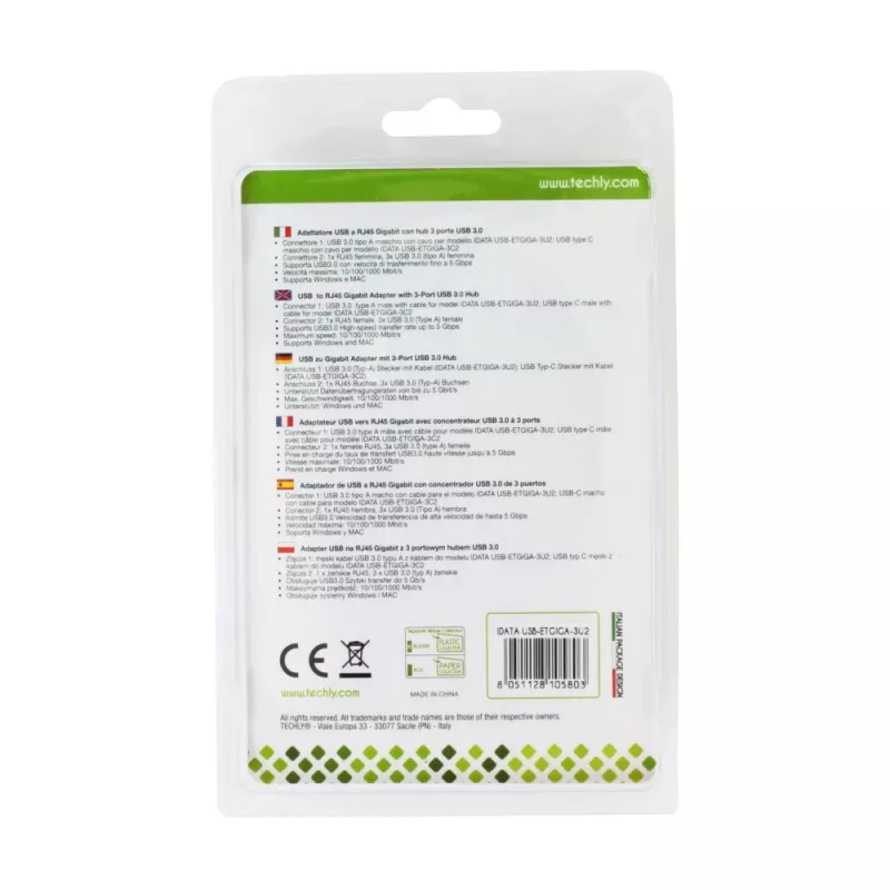 Techly IDATA USB-ETGIGA-3U2 sülearvuti dokk/pordi paljundaja USB 3.2 Gen 1 (3.1 Gen 1) Type-A must