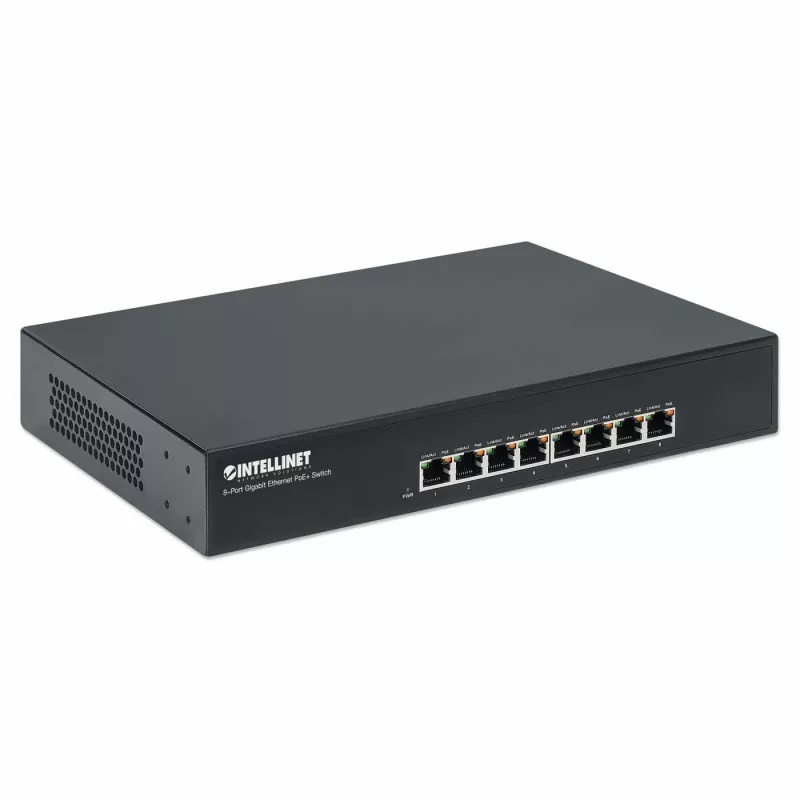 Intellinet 8-pordiline Gigabit Ethernet PoE+ lüliti, 8 × PoE porti, IEEE 802.3at/af toitega Ethernet (PoE+/PoE), otsatoide, lauaarvuti, karp