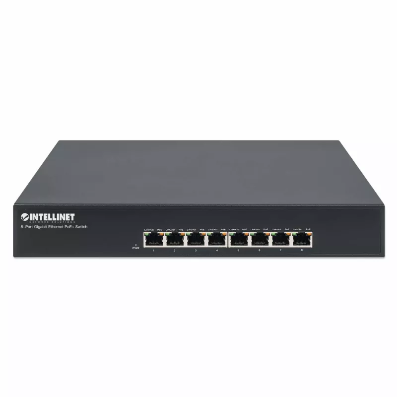 Intellinet 8-pordiline Gigabit Ethernet PoE+ lüliti, 8 × PoE porti, IEEE 802.3at/af toitega Ethernet (PoE+/PoE), otsatoide, lauaarvuti, karp