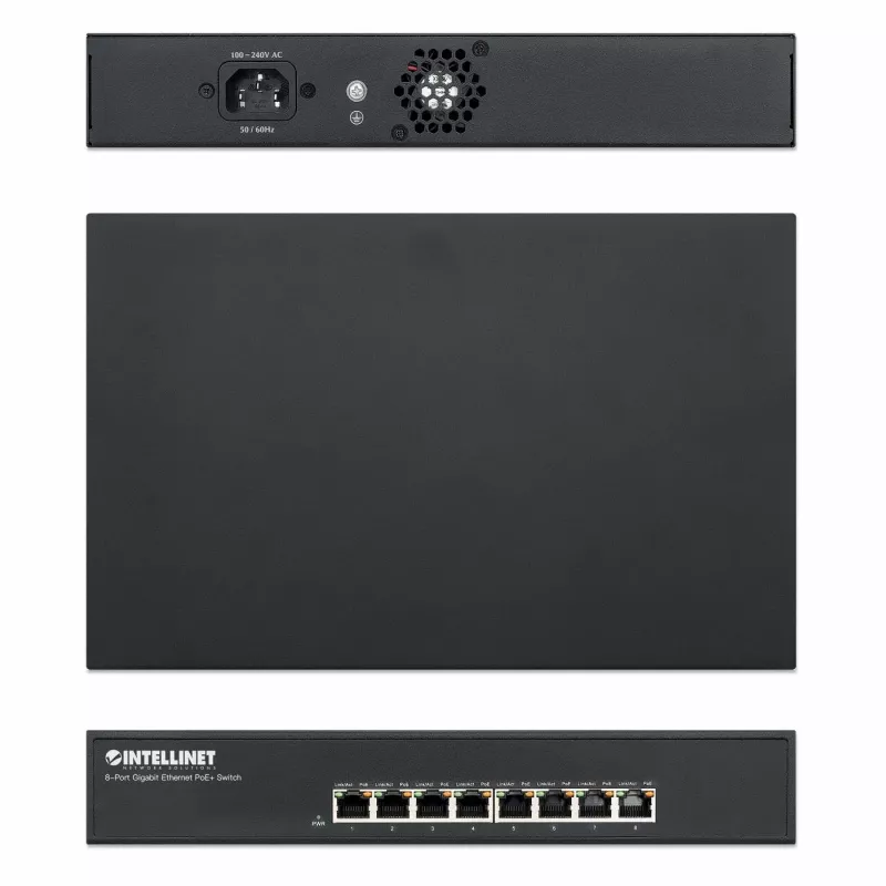 Intellinet 8-pordiline Gigabit Ethernet PoE+ lüliti, 8 × PoE porti, IEEE 802.3at/af toitega Ethernet (PoE+/PoE), otsatoide, lauaarvuti, karp