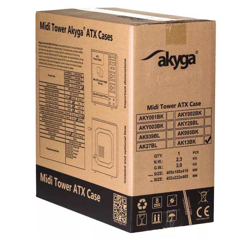 PC korpus Akyga AK13BK Micro Tower — ATX/Micro-ATX, 3×3,5 tolli sahtlit, 3×2,5 tolli sahtlit, ülemine toiteplokk, USB 3.2 Gen1×2, max GPU 385 mm, must