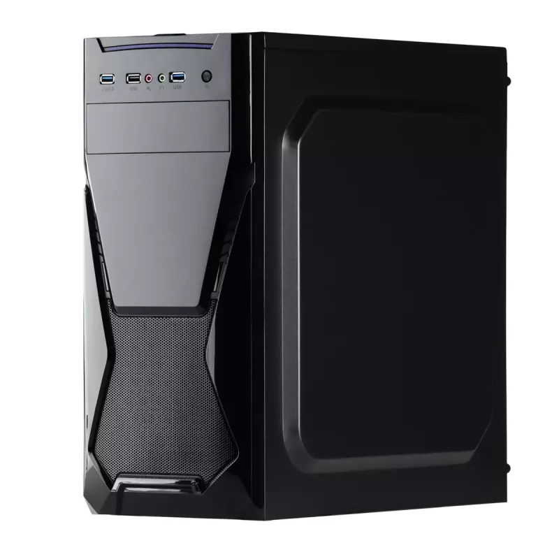 PC korpus Akyga AK13BK Micro Tower — ATX/Micro-ATX, 3×3,5 tolli sahtlit, 3×2,5 tolli sahtlit, ülemine toiteplokk, USB 3.2 Gen1×2, max GPU 385 mm, must
