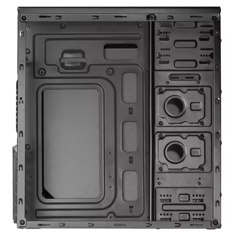 PC korpus Akyga AK13BK Micro Tower — ATX/Micro-ATX, 3×3,5 tolli sahtlit, 3×2,5 tolli sahtlit, ülemine toiteplokk, USB 3.2 Gen1×2, max GPU 385 mm, must