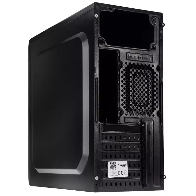 PC korpus Akyga AK13BK Micro Tower — ATX/Micro-ATX, 3×3,5 tolli sahtlit, 3×2,5 tolli sahtlit, ülemine toiteplokk, USB 3.2 Gen1×2, max GPU 385 mm, must