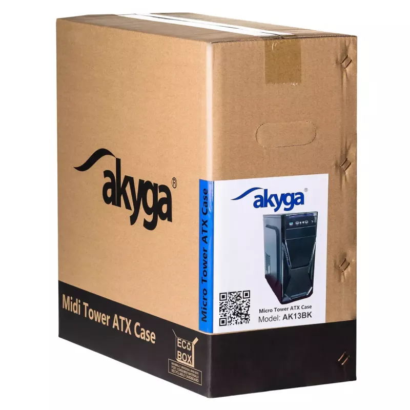 PC korpus Akyga AK13BK Micro Tower — ATX/Micro-ATX, 3×3,5 tolli sahtlit, 3×2,5 tolli sahtlit, ülemine toiteplokk, USB 3.2 Gen1×2, max GPU 385 mm, must