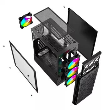 PC case GEMBIRD Fornax 400X Midi Tower Must — ATX, karastatud klaas, RGB ventilaatorid, 4x 2,5 tolli sahtlit, 2x USB 3.0